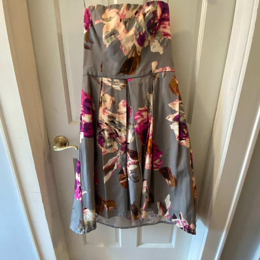 Trina Turk Grey and pink floral strapless party dress